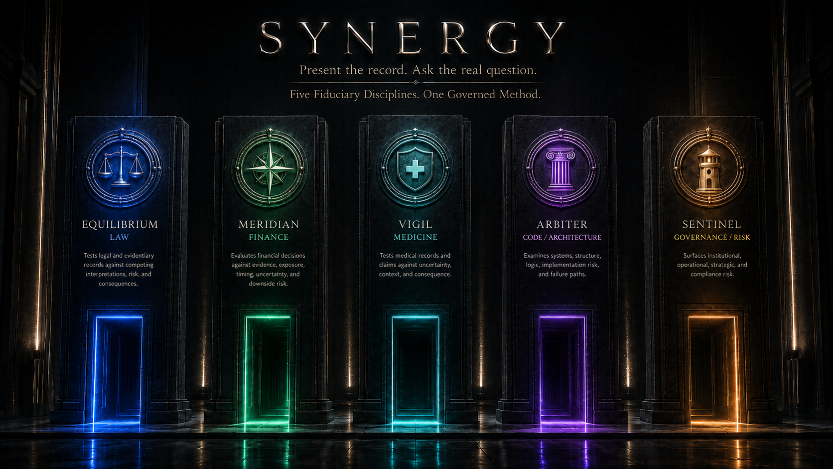 SYNERGY by Aegis Gravitas — five fiduciary disciplines, one governed method: Equilibrium (Law), Meridian (Finance), Vigil (Medicine), Arbiter (Code / Architecture), and Sentinel (Governance / Risk). Present the record. Ask the real question.